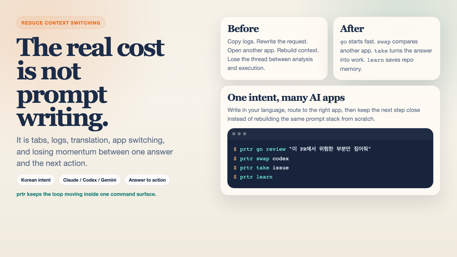 Preview of the prtr X compare card showing prompt-writing friction versus the go-swap-take-learn loop.